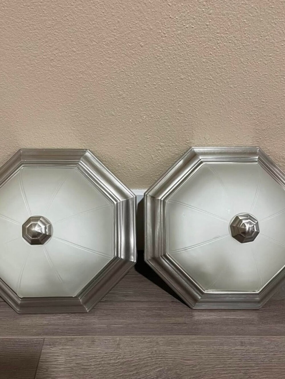 Octagonal Satin Nickel Flush Mount Ceiling Light - Pair